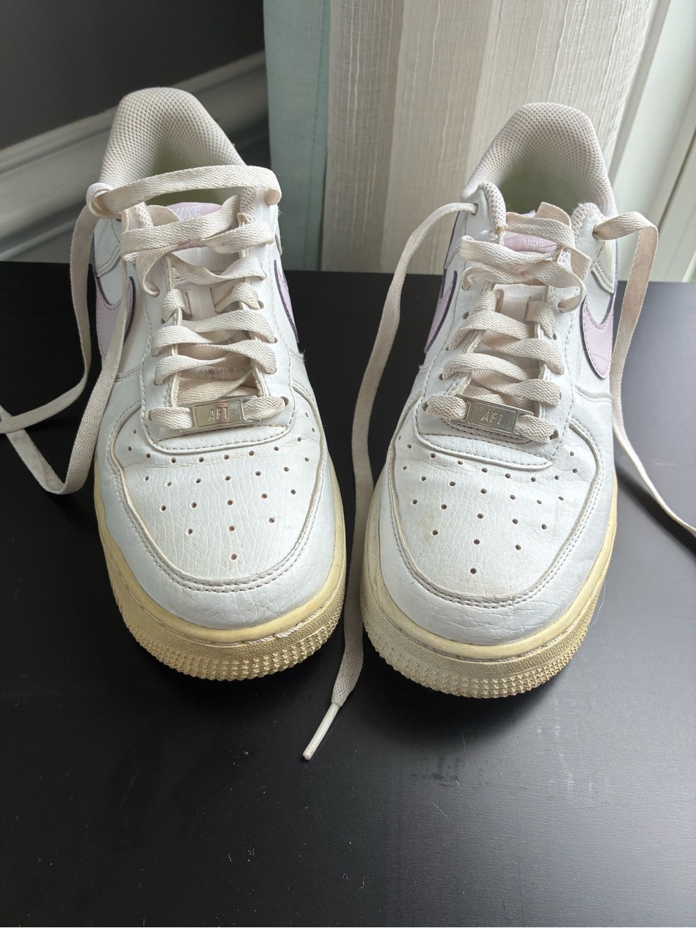 Nike Women’s Air Force One White Low-Top Sneakers with Light Purple Swoosh - Picture 2 of 6